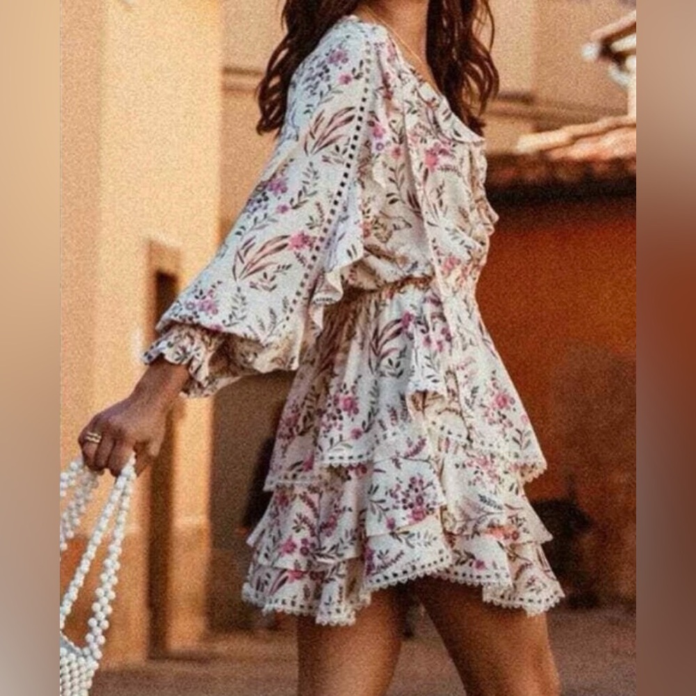 Spell Boho Floral Cream Mini Dress - Picture 3 of 13